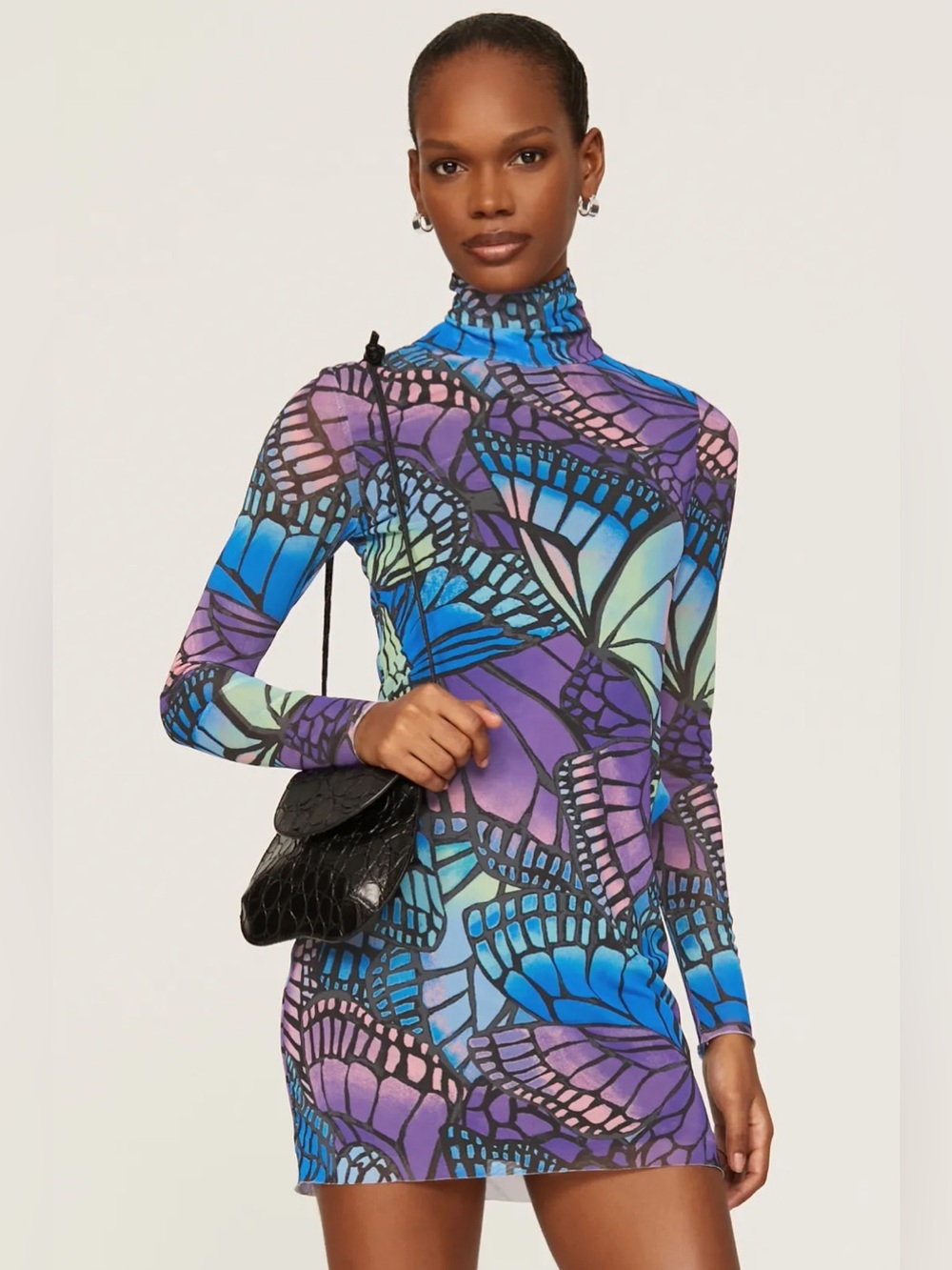 AFRM Butterfly Print Long Sleeve Hooded Dress in Blue & Purple